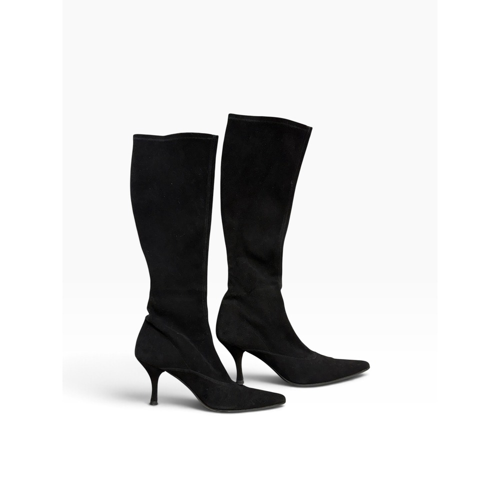 Vintage Black Suede Mod Kitten Heel Tall Boots Pointed Toe Y2K 90s Sleek 3" Heel